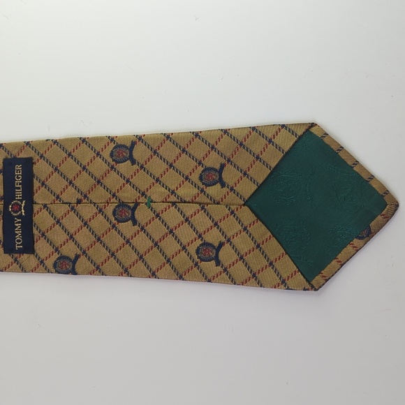 Tommy Hilfiger 90's Vintage Preppy Plaid Scattered Crest Logo Silk Neck Tie Tan - Picture 6 of 10